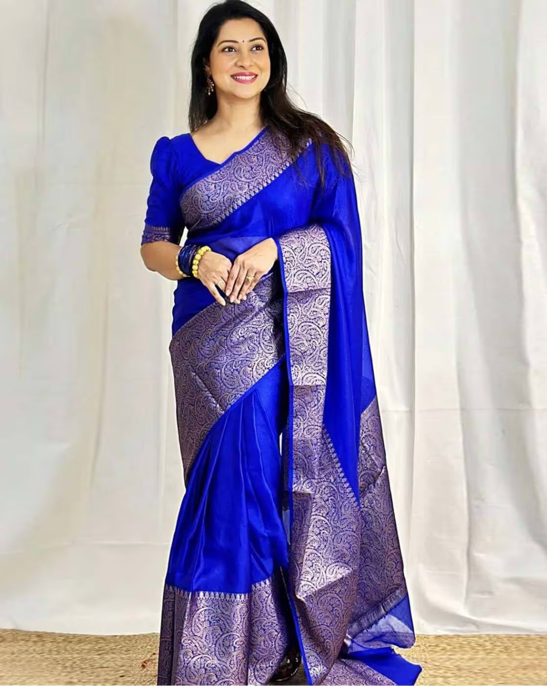 Royal Blue Jacquard Silk Saree for Women with Antique Gold Zari Border | Premium Wedding, Festive & Traditional Wear Saree with Unstitched Blouse Piece