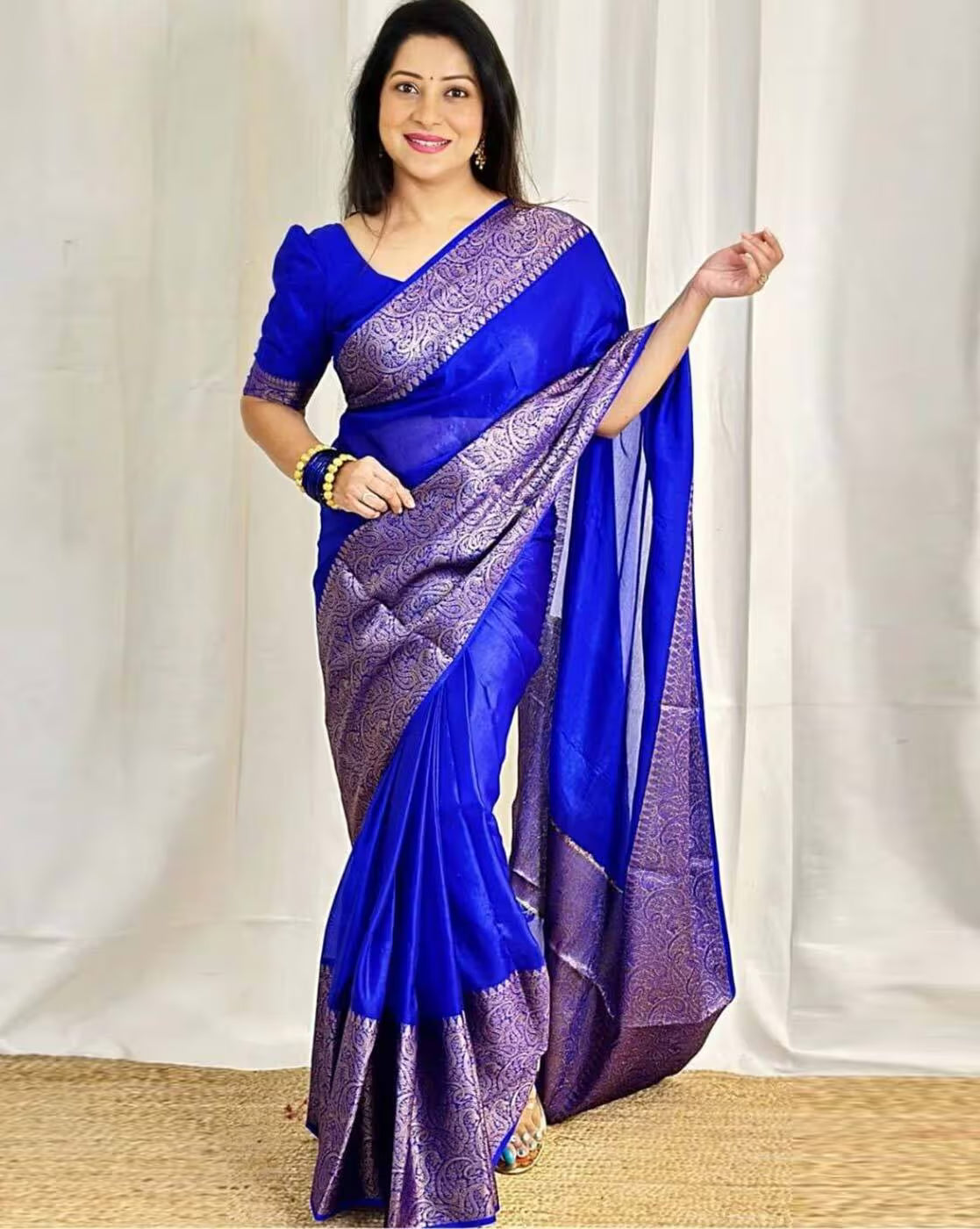Royal Blue Jacquard Silk Saree for Women with Antique Gold Zari Border | Premium Wedding, Festive & Traditional Wear Saree with Unstitched Blouse Piece