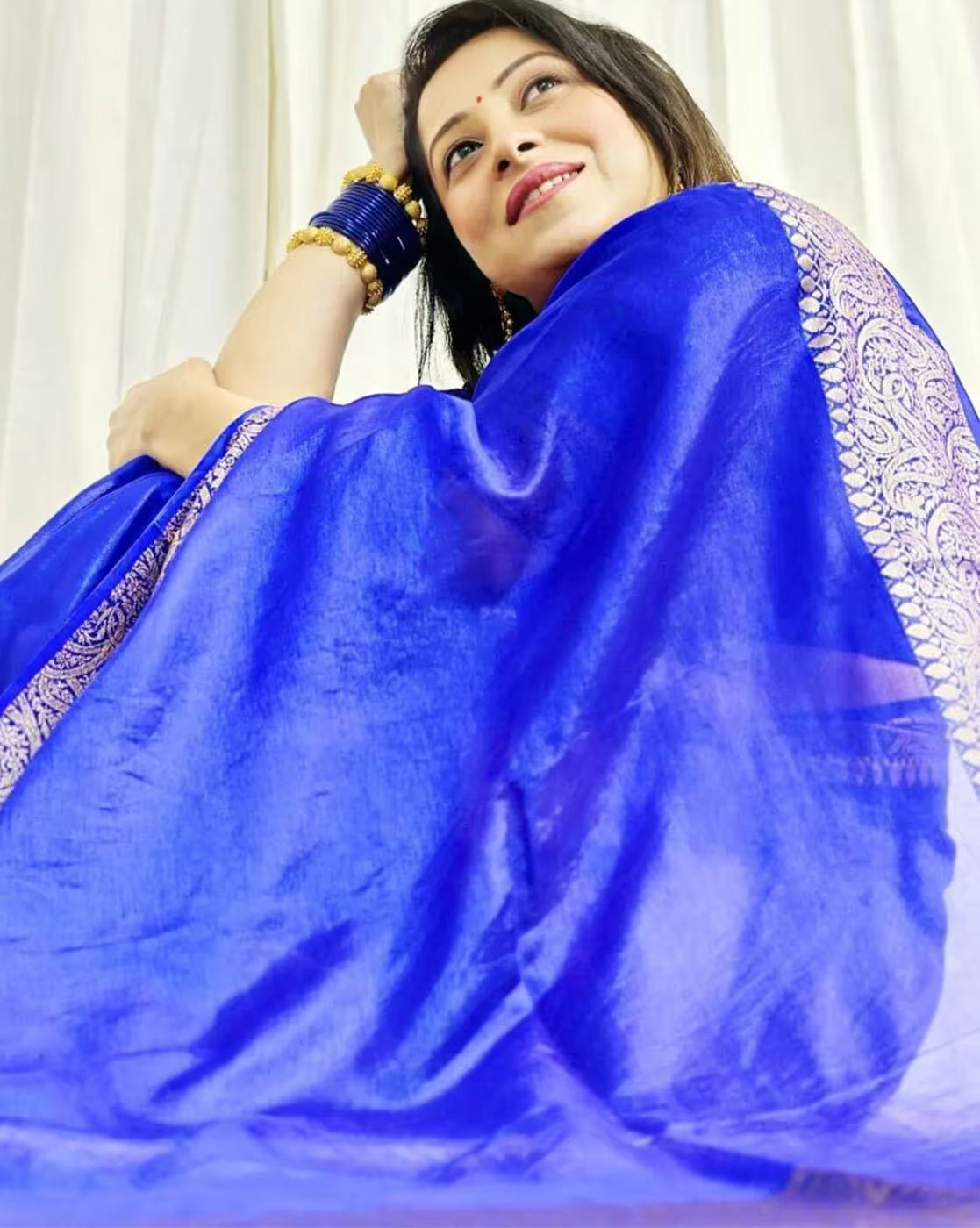 Royal Blue Jacquard Silk Saree for Women with Antique Gold Zari Border | Premium Wedding, Festive & Traditional Wear Saree with Unstitched Blouse Piece