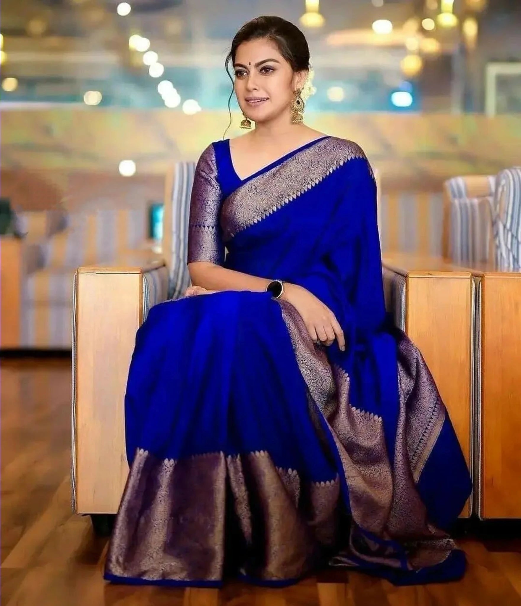 Royal Blue Jacquard Silk Saree for Women with Antique Gold Zari Border | Premium Wedding, Festive & Traditional Wear Saree with Unstitched Blouse Piece