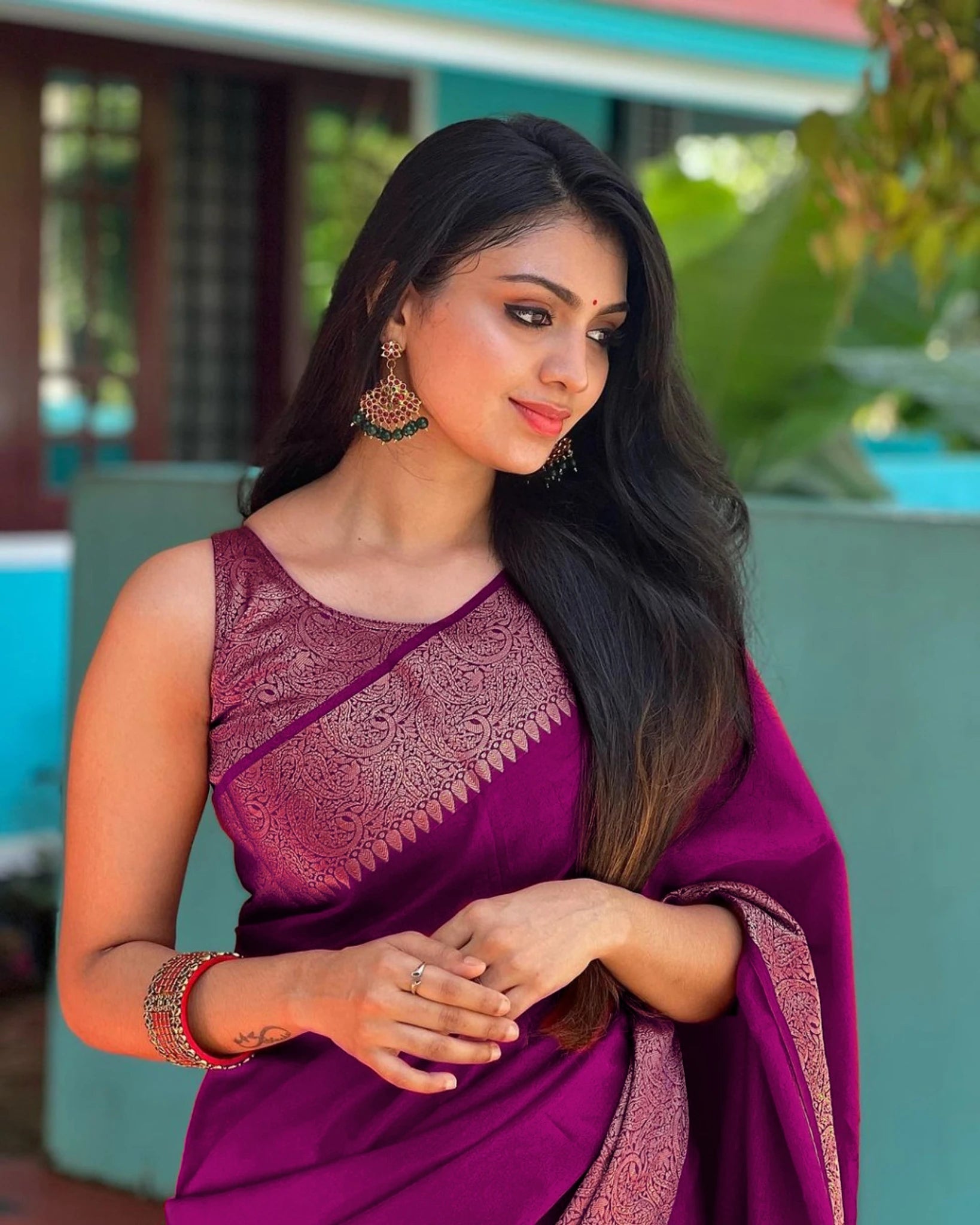 Wine Jacquard Silk Saree for Women with Copper Gold Zari Border | Premium Wedding, Festive & Party Wear Saree with Unstitched Blouse Piece