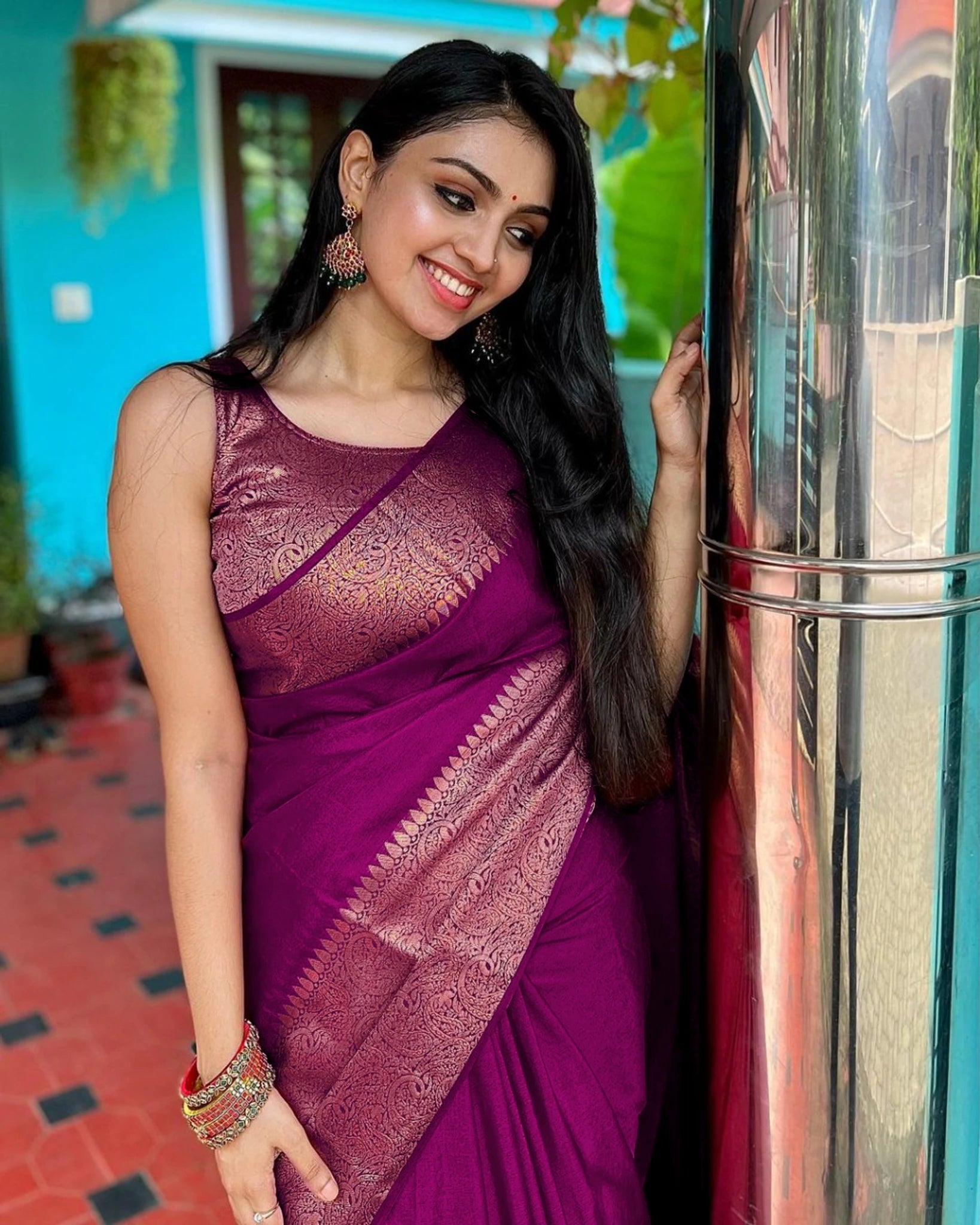 Wine Jacquard Silk Saree for Women with Copper Gold Zari Border | Premium Wedding, Festive & Party Wear Saree with Unstitched Blouse Piece