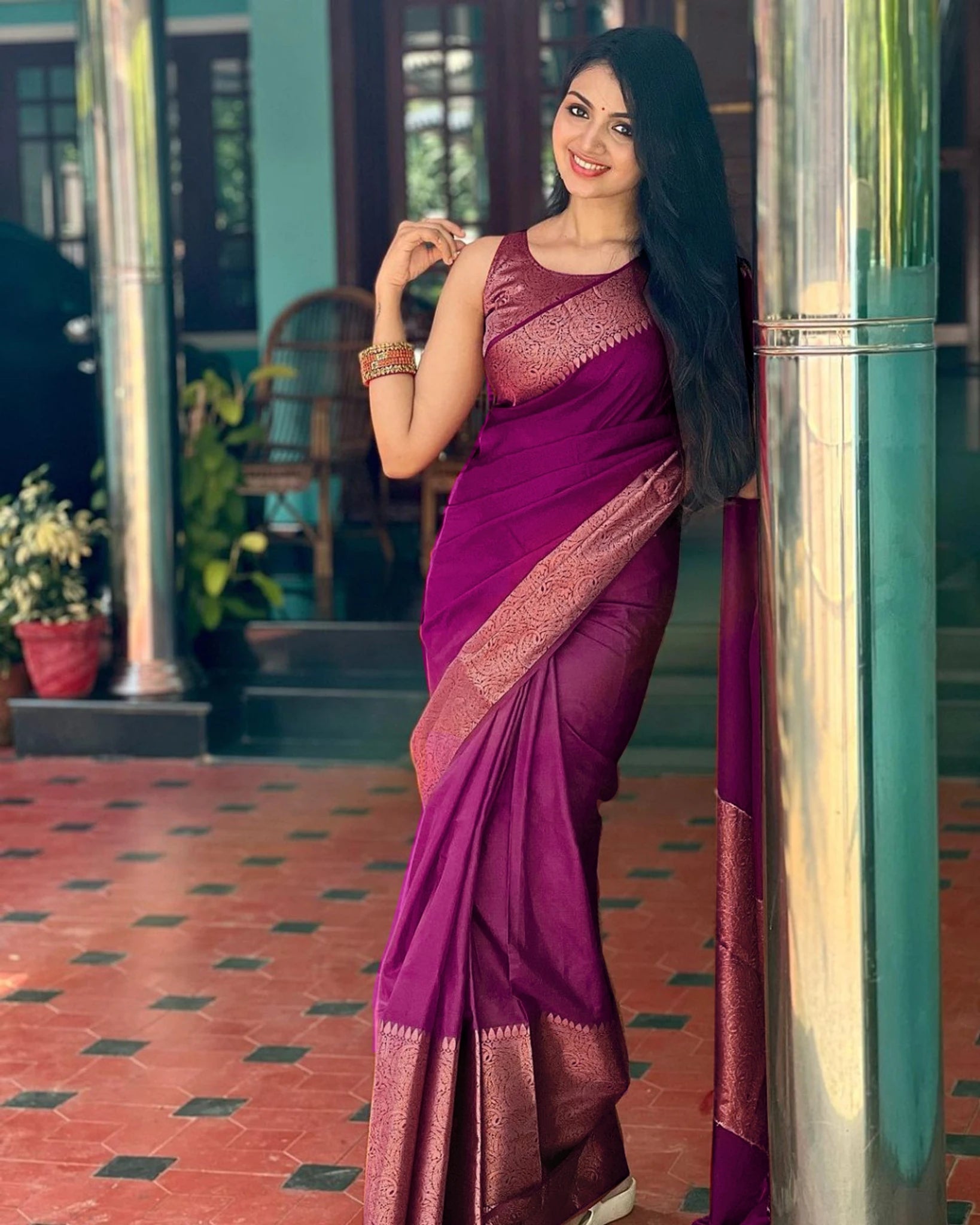 Wine Jacquard Silk Saree for Women with Copper Gold Zari Border | Premium Wedding, Festive & Party Wear Saree with Unstitched Blouse Piece