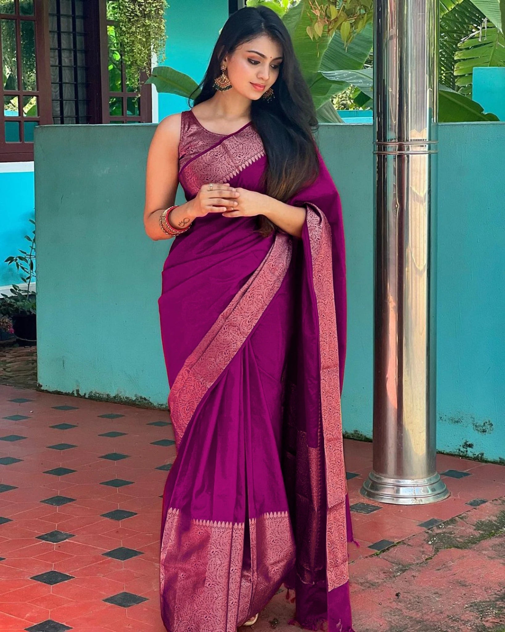 Wine Jacquard Silk Saree for Women with Copper Gold Zari Border | Premium Wedding, Festive & Party Wear Saree with Unstitched Blouse Piece