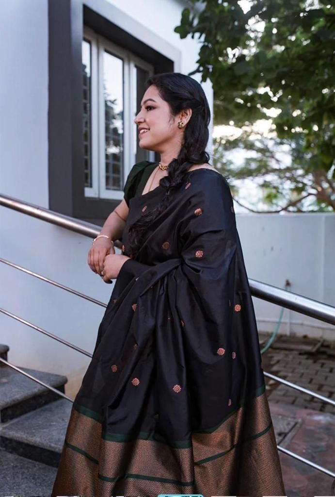 Black Jacquard Silk Saree for Women with Golden Zari Buti Work | Green Border | Premium Festive, Party & Traditional Wear Saree with Unstitched Blouse Piece