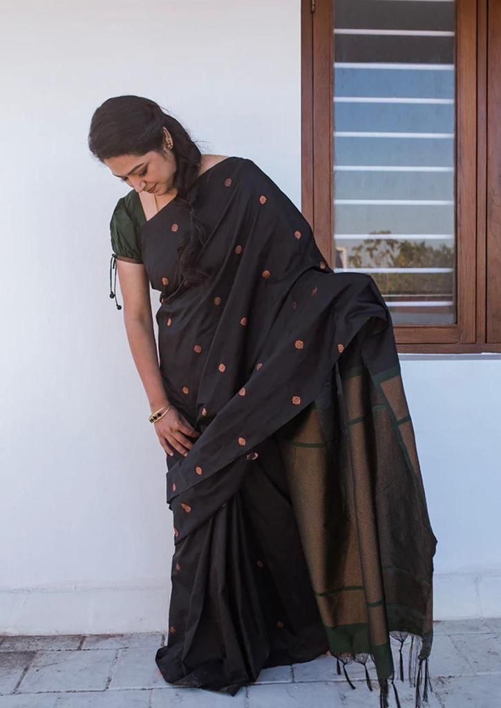 Black Jacquard Silk Saree for Women with Golden Zari Buti Work | Green Border | Premium Festive, Party & Traditional Wear Saree with Unstitched Blouse Piece