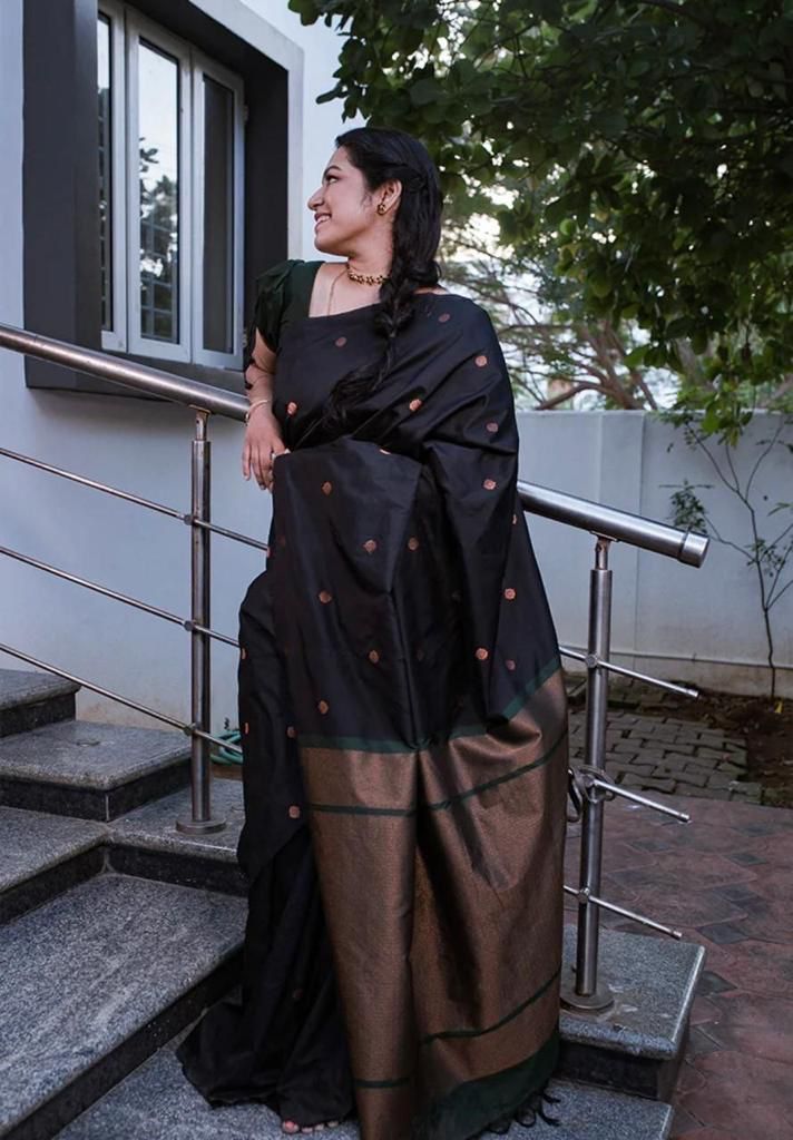 Black Jacquard Silk Saree for Women with Golden Zari Buti Work | Green Border | Premium Festive, Party & Traditional Wear Saree with Unstitched Blouse Piece