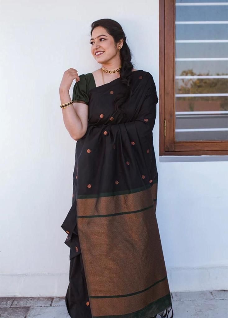 Black Jacquard Silk Saree for Women with Golden Zari Buti Work | Green Border | Premium Festive, Party & Traditional Wear Saree with Unstitched Blouse Piece