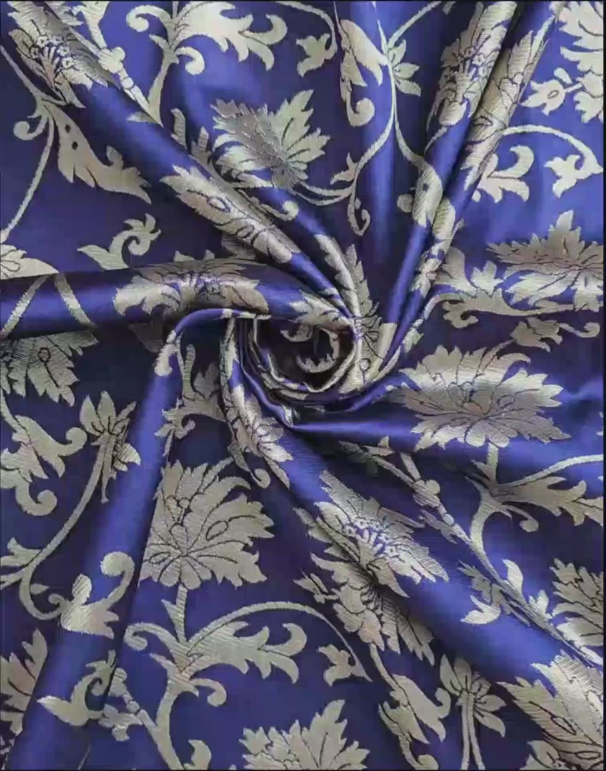 Navy Blue Jacquard Saree for Women with Golden Floral Zari Weaving | Premium Wedding, Festive & Party Wear Saree with Unstitched Blouse Piece